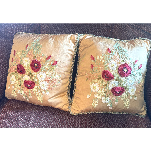 VTG Silk Ribbon Embroidered Floral Decorative Pillow Estate Lot of 2 down filled - Picture 1 of 8